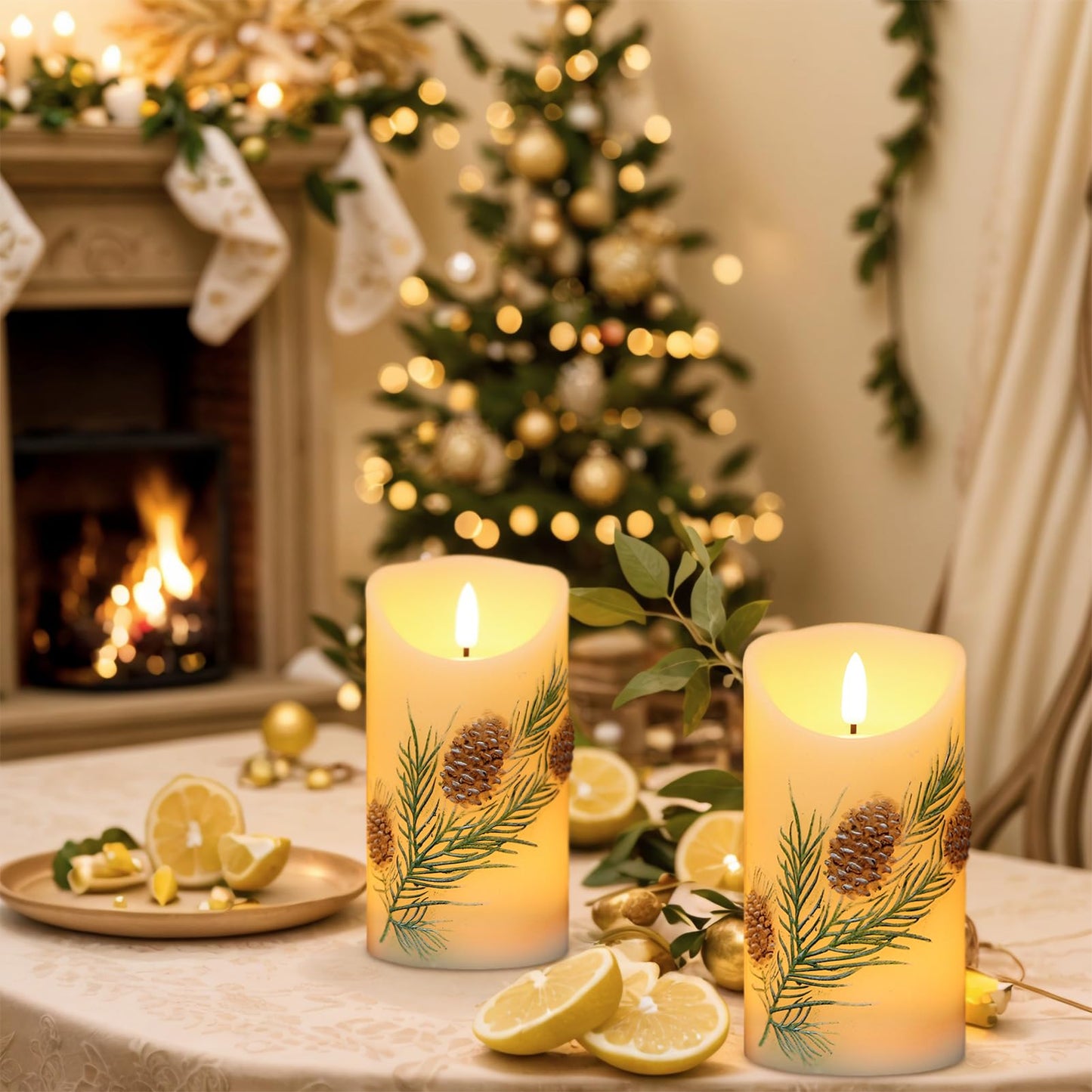 Wondise Flameless Candles with Timer, Battery Operated Flickering 3D Wick Real Wax Pine Cone Candles for Christmas Holiday Indoor Decoration, Set of 2, Ivory(D3 x H5.7 Inch)