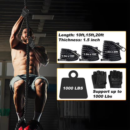 Climbing Rope Climbing Rope 1.5 Inch Diameter 15Feet Length Gym Climbing Rope for Workout Fitness & Strength Training, Gym Rope, Exercise Climbing Rope in Black for Adults or Kids Outdoor & Indoor
