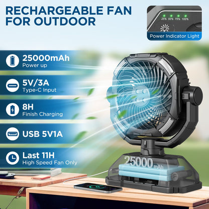 NYXQUARK Portable Misting Fan with 25000mAh Reverse Charging & Remote Control, Auto-Oscillating LED Outdoor Cooling Fan, Stepless Speed, Waterproof Design for Camping, Patio, Pets, Garden Use (Black)