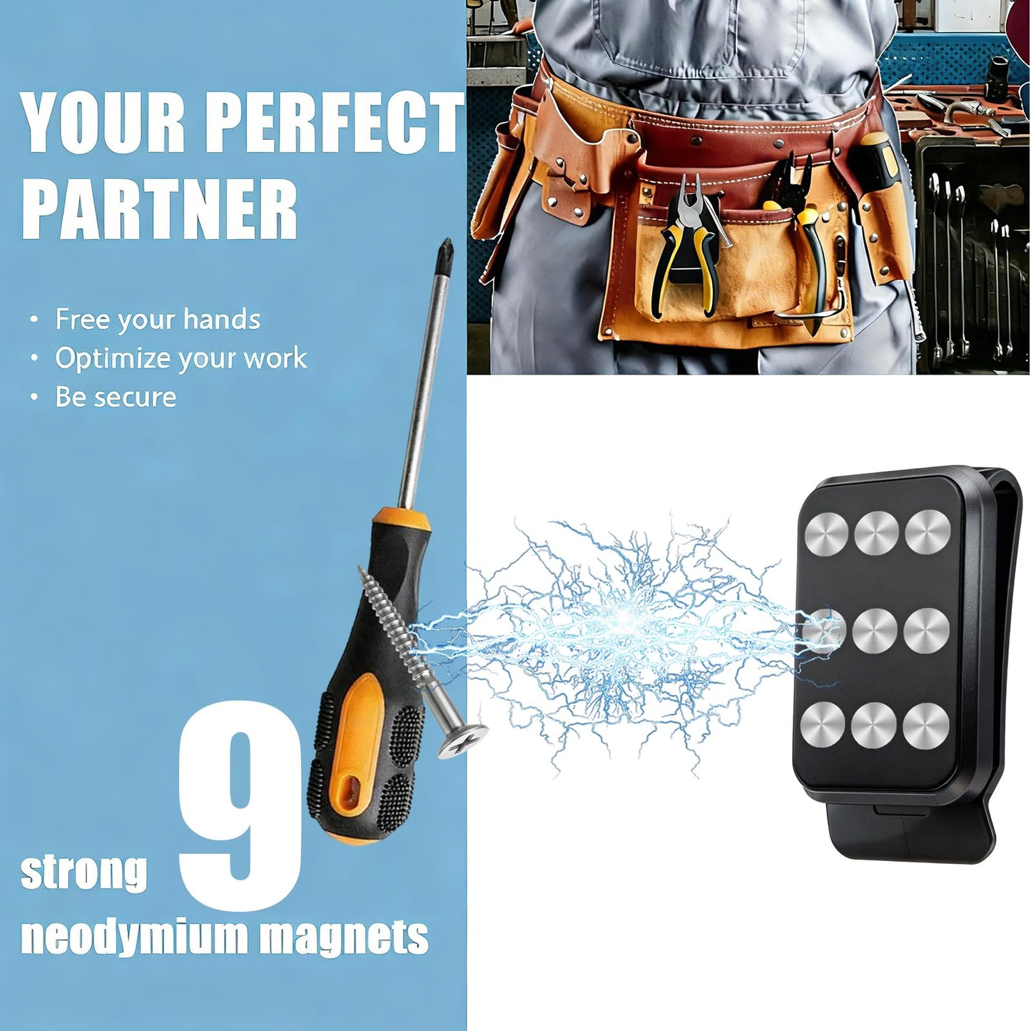 Magnetic Tool Holder Super Strong Tool Holster, Magnet Belt Clip Neodymium Magnet Leather Sleeve for Screws, Hammers, Sockets, Pliers, Drills, Wrenches Magnetic Tools and Hardware 2 Pcs