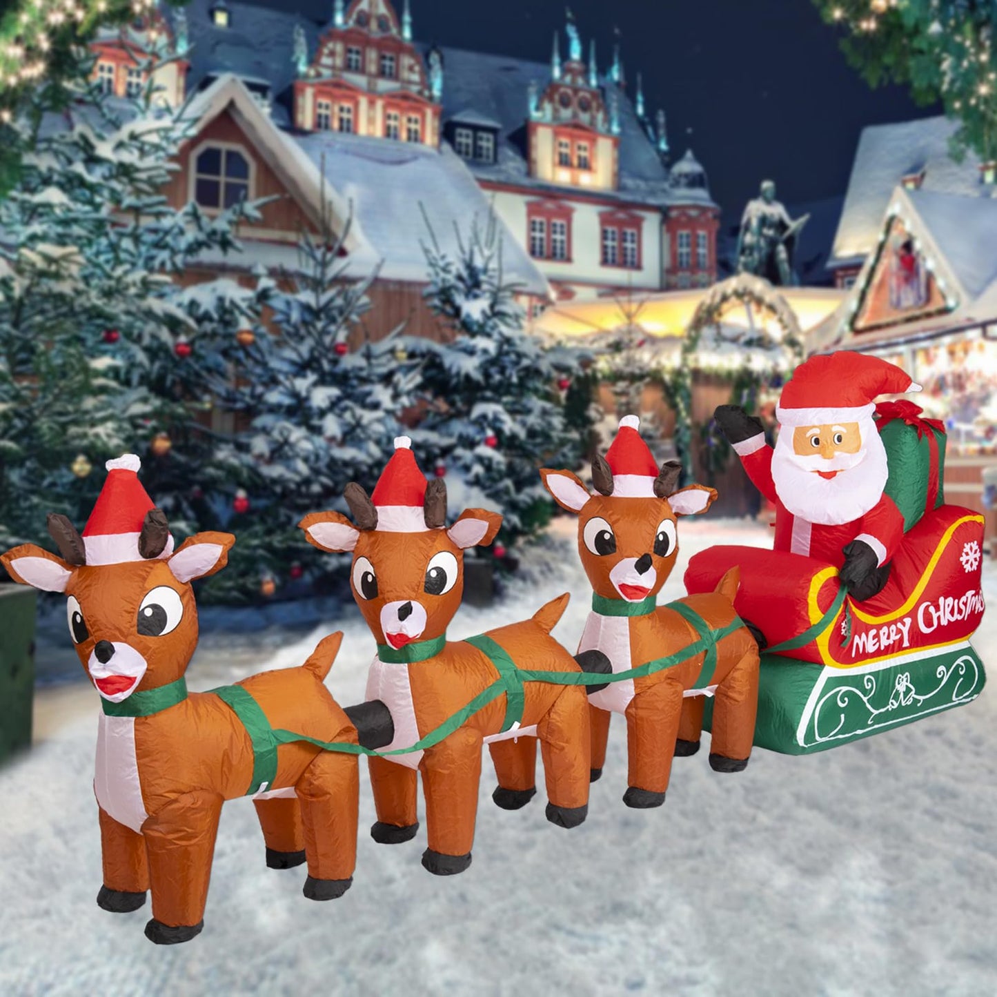 8FT Christmas Inflatables Outdoor Decoration Christmas Blow Up Yard Decorations Inflatable Santa Claus on Sleigh with Reindeers Outdoor Indoor Holiday Lawn Yard Decor