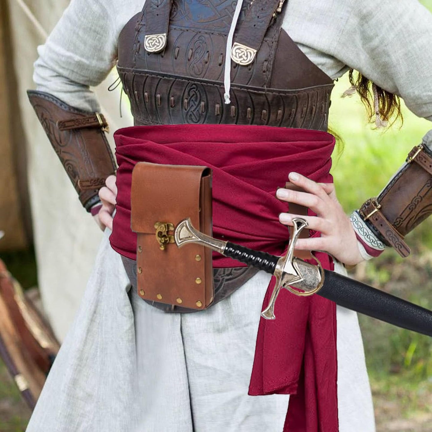 KOTORA Renaissance Costume Pirate Sash Corset Waistband Belt Pouch Purse Skirt Hike Steampunk Medieval Halloween Sets (1-Brown)