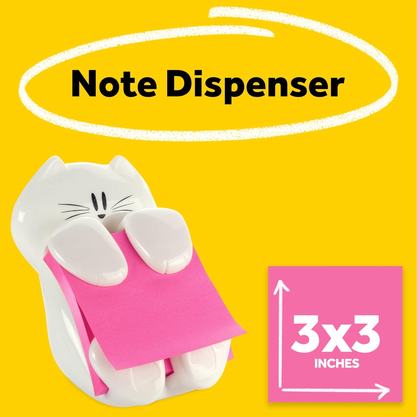 Post-it Dispenser, Sticky Note Holder, White Cat Design, Includes 45 Pop-Up Sheets of 3 in x 3 in Pink, Sticky Notes Holder for Desk, Classroom or Office Supplies