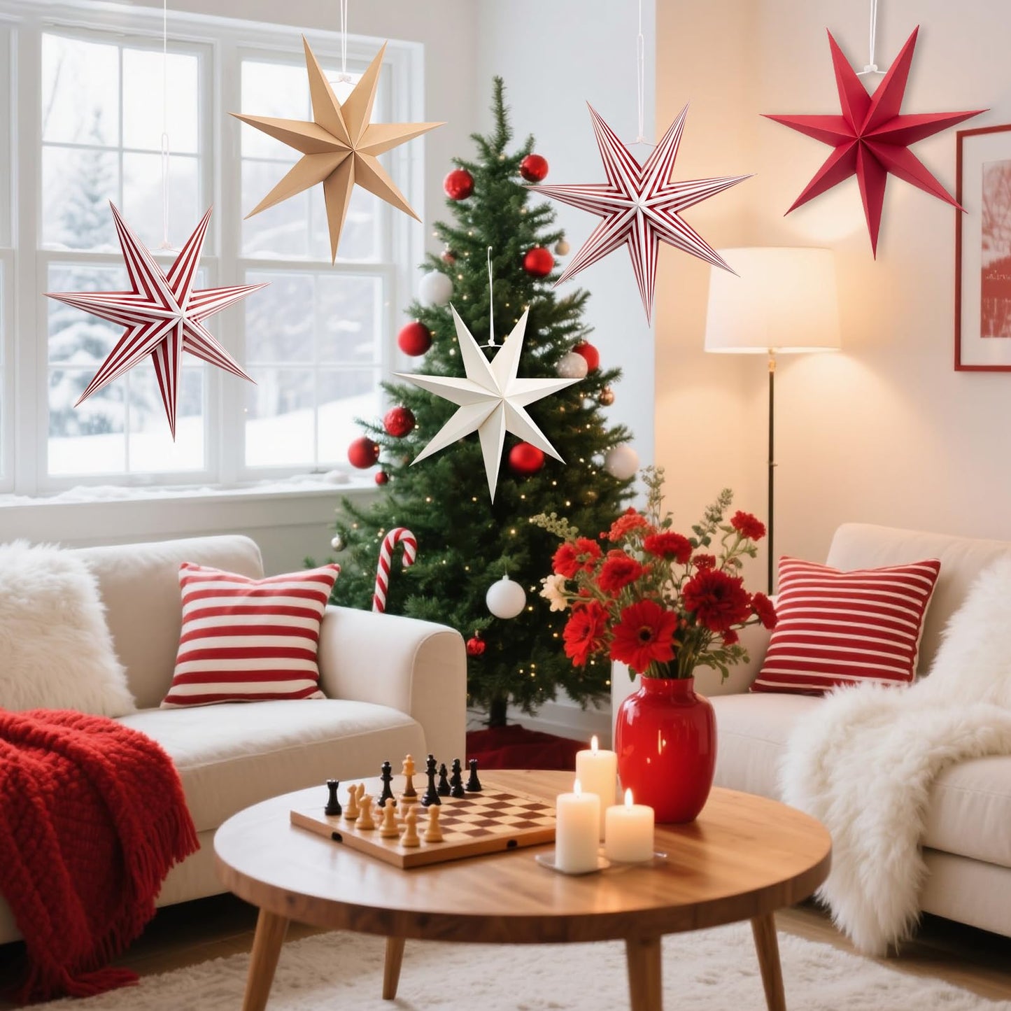 5 Pcs 7-Pointed Paper Star Lanterns 12 Inch Red and White Christmas Hanging Stars 3D Paper Star Ornaments Foldable for Wedding Birthday Xmas Home Party Decor
