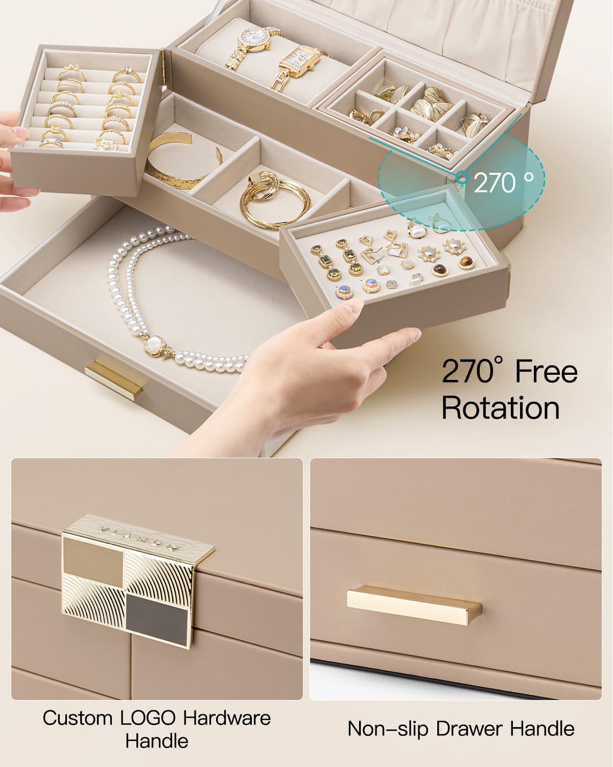 VLANDO 3 Layer Jewelry Box - Women Jewelry Box with Retractable Tray - Jewelry Organizers with Drawer for Necklaces, Rings, Bracelets, Earrings, Gift for Couples Mom Girls - Toffee
