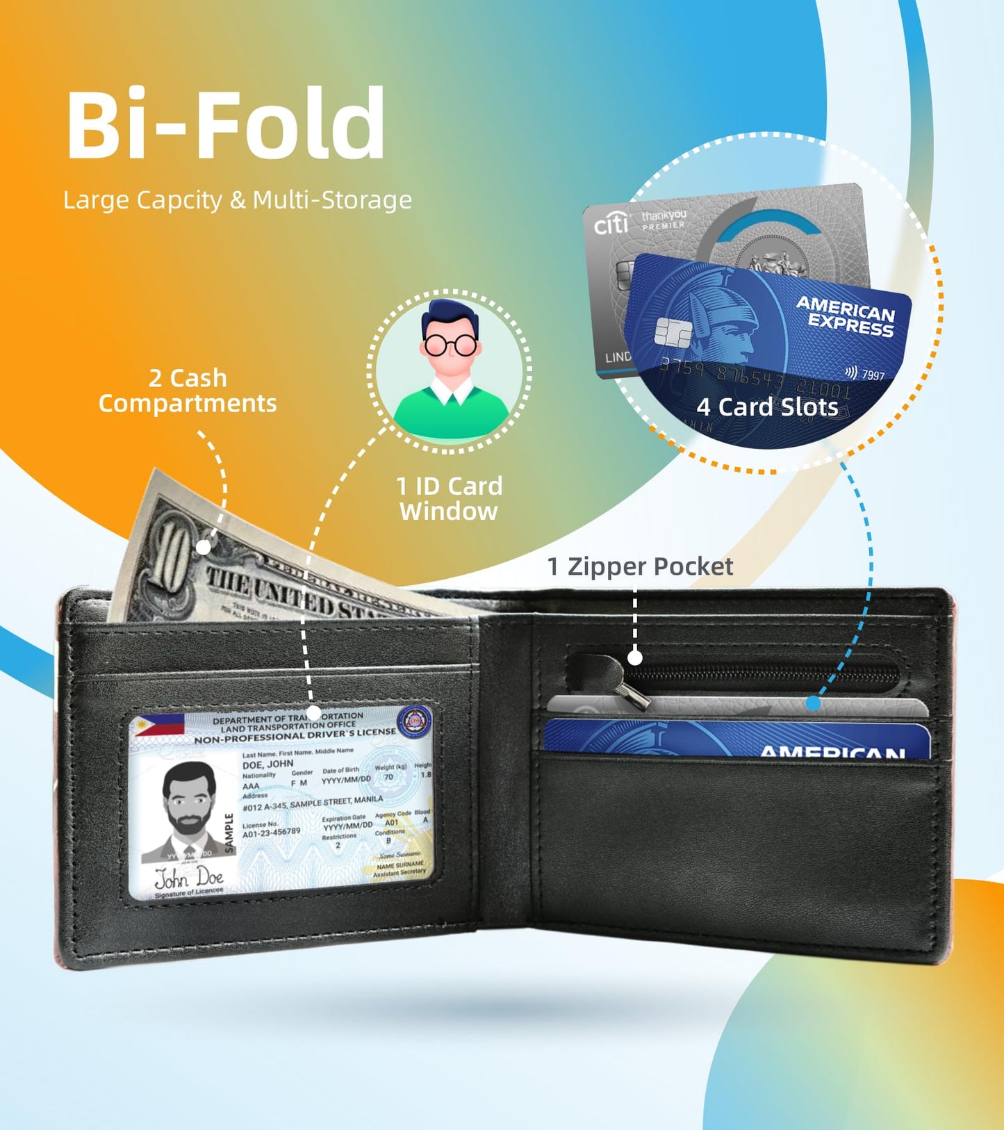 WRIGAEL Credit Card Holder Wallet Rfid Blocking Kids Boys Bifold Teen Cool Cute for Cash with ID Window Cardholder Teenage Teenager, Black Grey