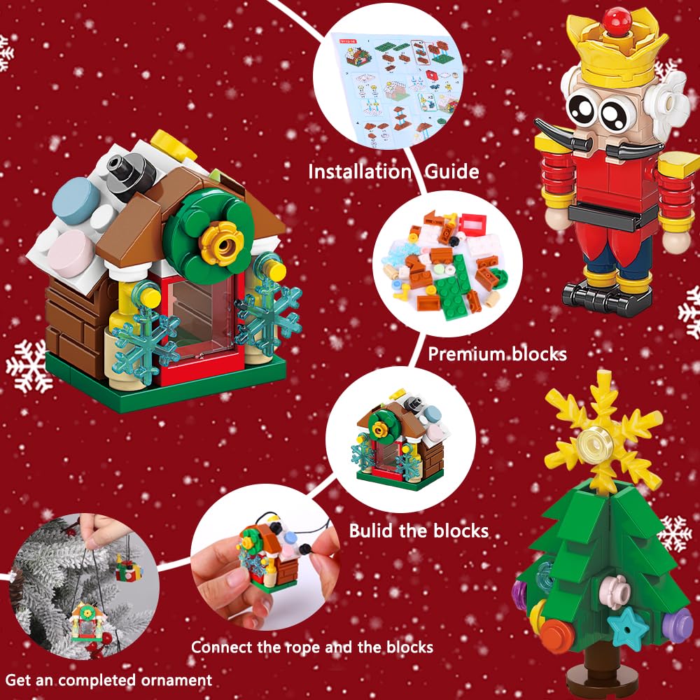 JOICEE Christmas Ornaments Building Blocks, 18 Pack Xmas Tree Ornaments Building Sets with Strings Hanging Decoration Toys for Kids Holiday Party Favors Gifts Stocking Stuffers