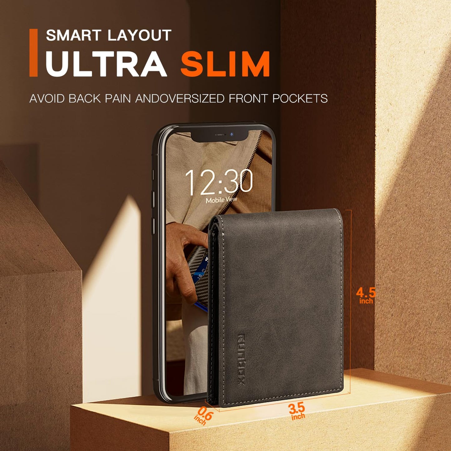 RUNBOX Wallet for Men Slim Leather Bifold RFID Blocking Minimalist Front Pocket Design with Gift Box