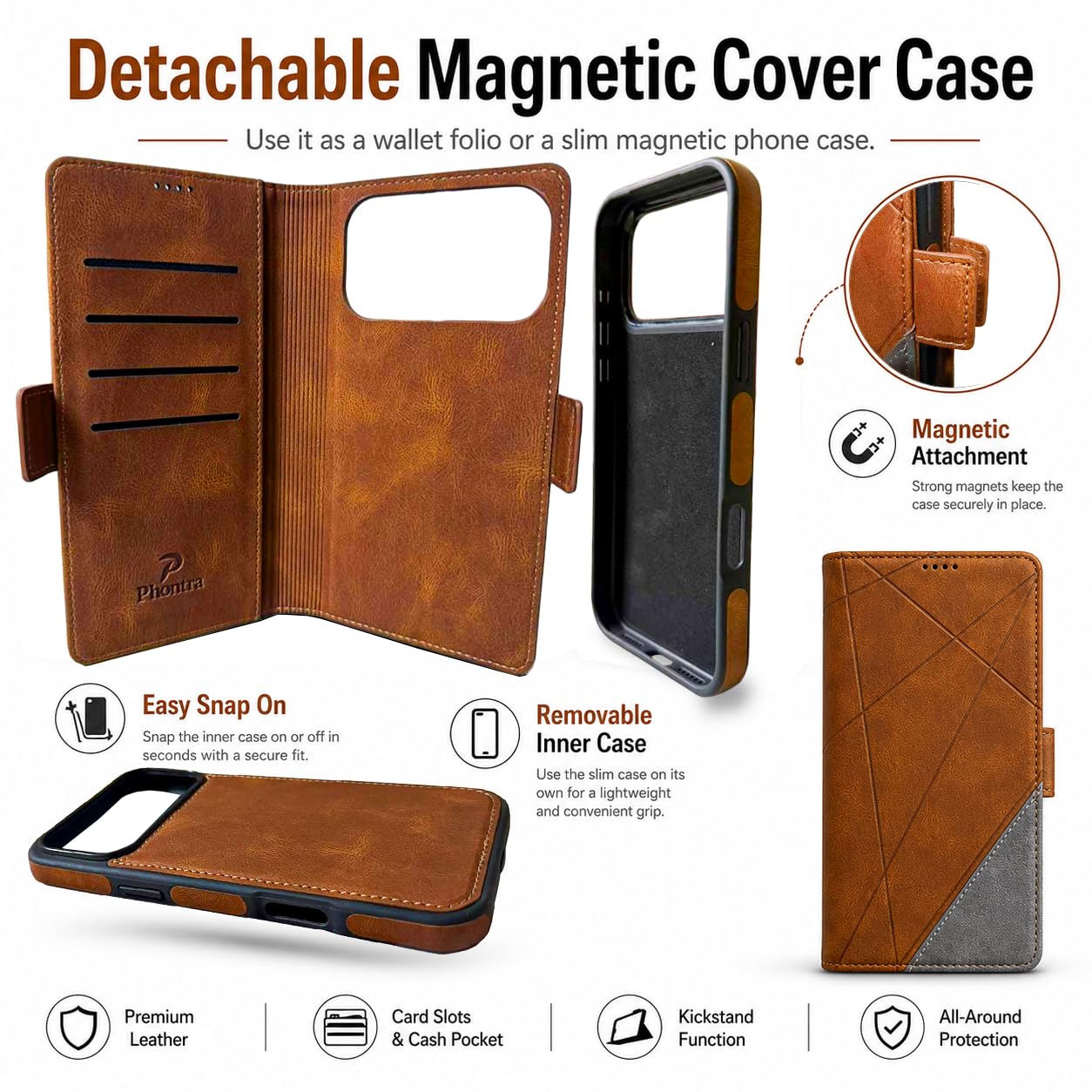 EMF Protection Anti Radiation Cell Phone Wallet Case for iPhone, EMF Blocker Genuine Leather Flip Folio Phone Cover, RFID Blocking Card Holder, MagSafe Case Wallet (Brown/Gray, iPhone 15 Pro Max)