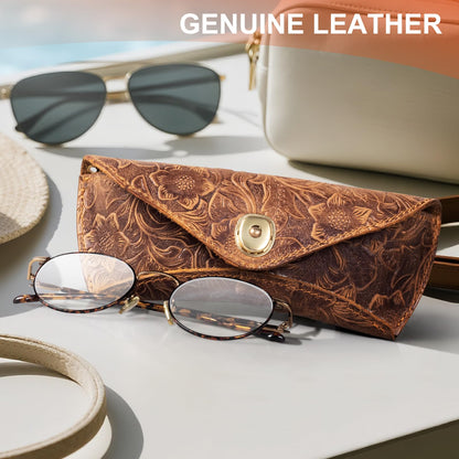 RMAWRAD Real Leather Glasses Case Handmade Cowhide Vintage in Sunglasses Nearsighted Glasses reading glasses Pouch Designed Travel Anti-Crush Lanyard for Men and Women Brown