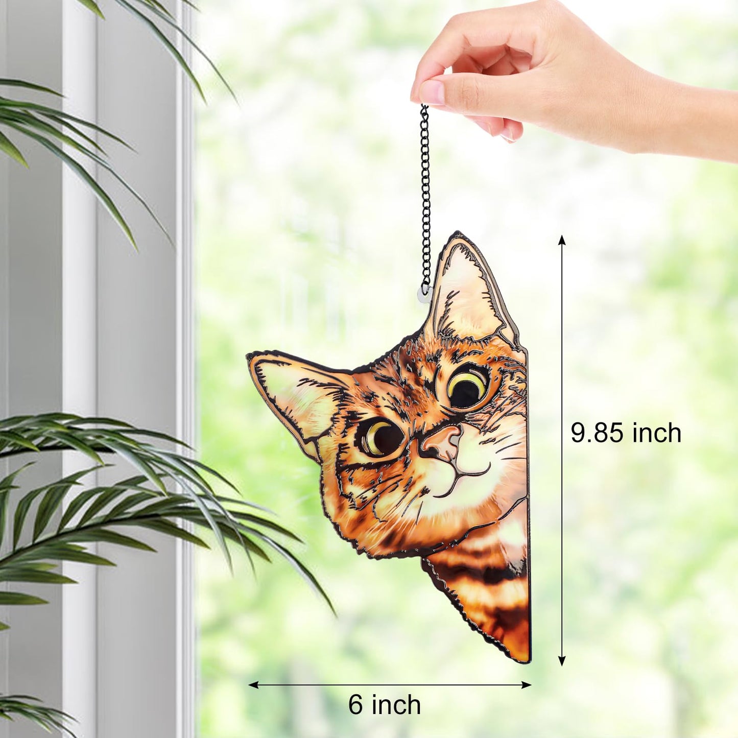Remiawy Stained Glass Window Hanging, Funny Peeking Cat with Metal Chain and Hooks Window Indoor Decoration and Christmas, Mother's Day Birthday Pet Sympathy Gifts for Cat Lover