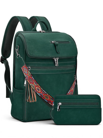 SYTRAH Leather Laptop Backpack for Women Designer Laptop Bag, 16.5 inch Travel Computer Backpacks Purse with Tassel for Work Business with Satchel Purse Green