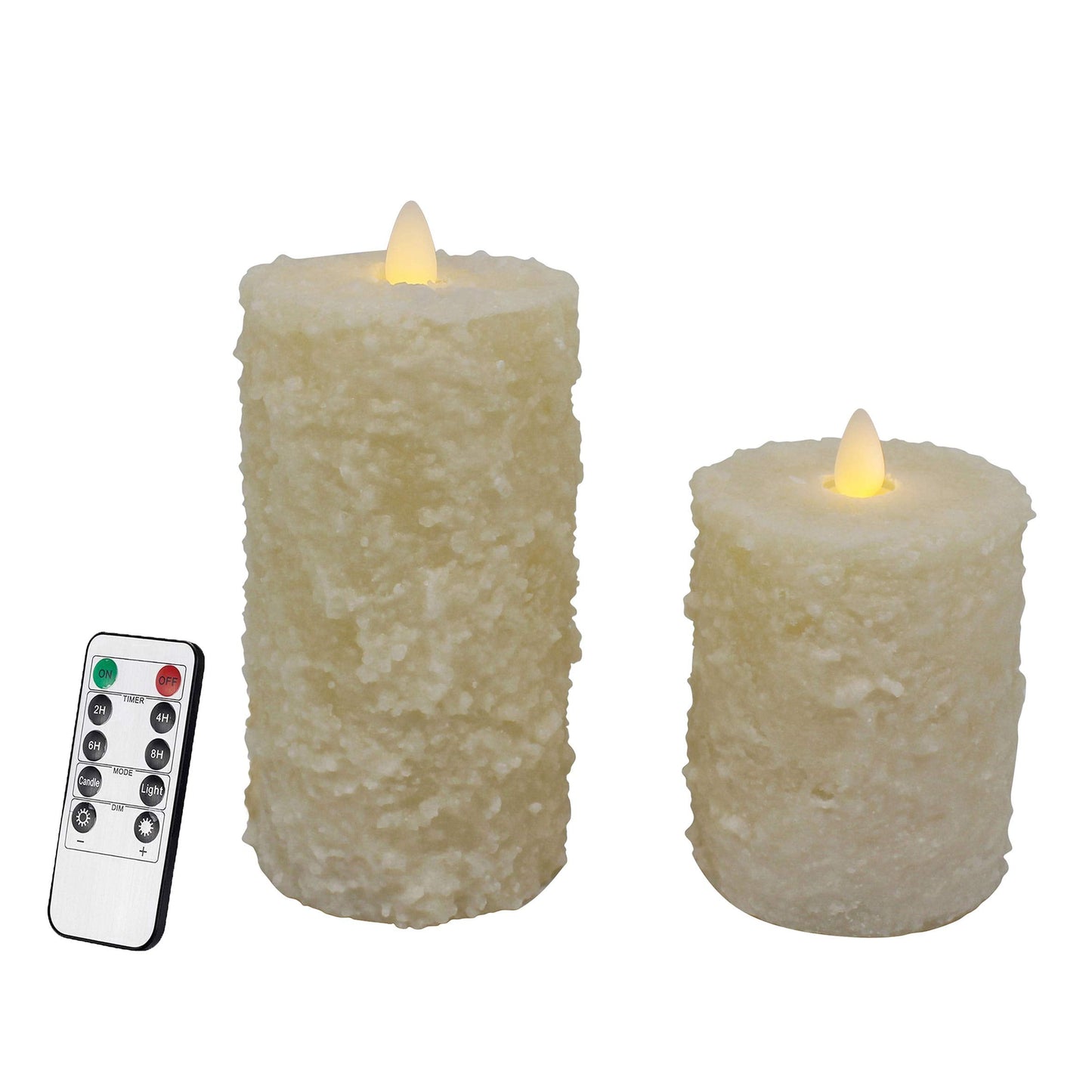 CVHOMEDECO. Rustic Textured Flameless Battery Operated LED Pillar Candles with Timer and Remote Control, Farmhouse Real Wax Flickering Dancing Flame Lights, H 6 & 4 Inch, Set of 2, Ivory