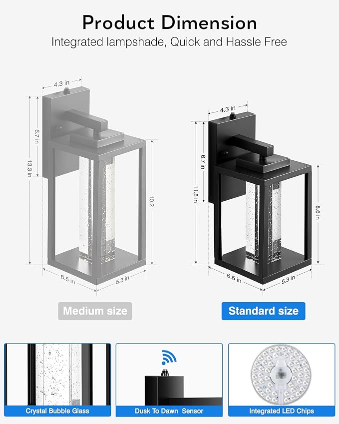 VIANIS Black Porch Lights Outdoor Dusk to Dawn, Modern Exterior Garage Lighting Fixture Wall Mount for House, 100% Aluminum Outdoor Wall Sconce Lantern for Coach with Integrated 10W LED Light Source