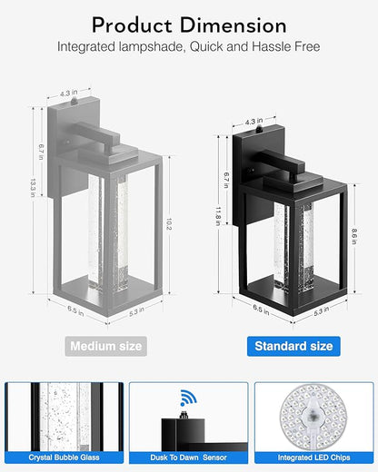 VIANIS Black Porch Lights Outdoor Dusk to Dawn, Modern Exterior Garage Lighting Fixture Wall Mount for House, 100% Aluminum Outdoor Wall Sconce Lantern for Coach with Integrated 10W LED Light Source