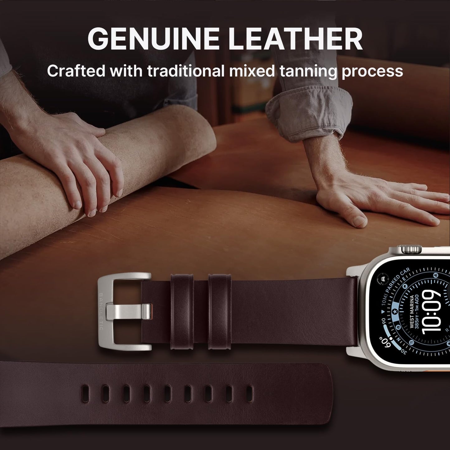 Bandletic Genuine Leather Bands Compatible with Apple Watch Ultra 3 Band for Men Women, Soft Replacement Strap for iWatch 49mm(Ultra 3/2/1),46mm(11/10),45mm(9/8/7),44mm(SE3/SE2/SE/6/5/4),42mm(3/2/1)
