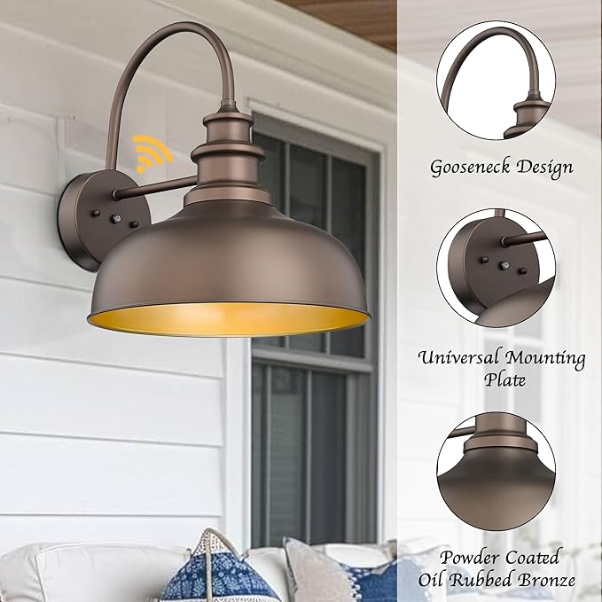 Bestshared 16 Inch Dome Large Dusk to Dawn Sensor Gooseneck Barn Light Farmhouse Outdoor Wall Sconce Industrial Exterior Wall Lighting Fixture, Outside Lantern Garage Lamp (ORB+Gold, 16” Dome-2Pack)