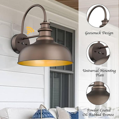 Bestshared 16 Inch Dome Large Dusk to Dawn Sensor Gooseneck Barn Light Farmhouse Outdoor Wall Sconce Industrial Exterior Wall Lighting Fixture, Outside Lantern Garage Lamp (ORB+Gold, 16” Dome-2Pack)