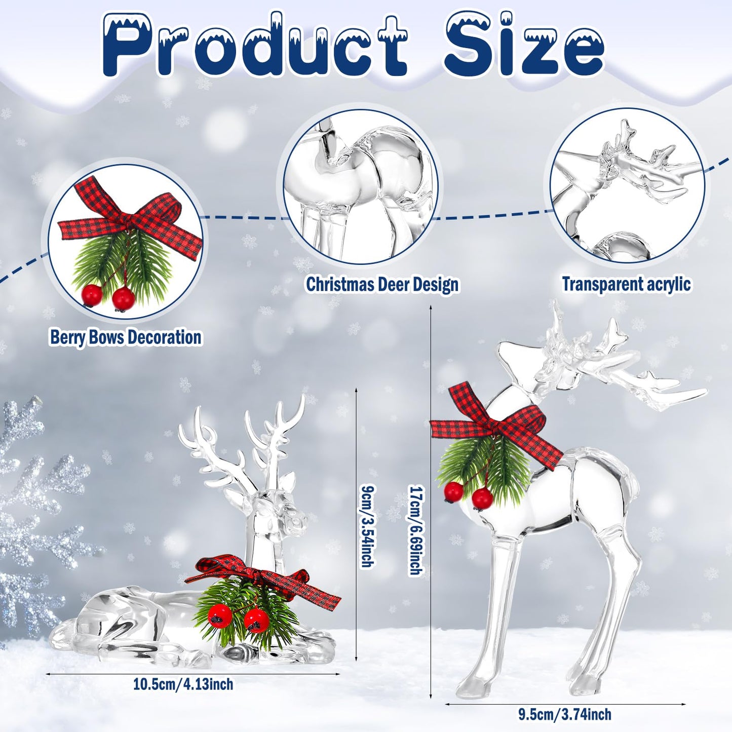 Bucherry 2 Pcs Christmas Reindeer Figurines Decoration Acrylic Deer Decor Christmas Holiday Reindeer Figurine Statues with Red Berries Bow Home Xmas Deer Decor Holiday Party Supplies(Classic Style)
