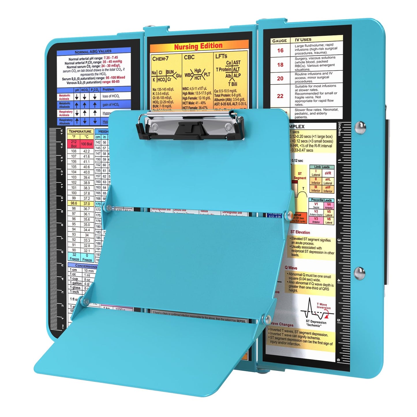 Nursing Clipboard Foldable, Foldable Clipboard w/Nursing Edition Cheat Charts,3 Layers Aluminum, Nurse Clipboard w/Low Profile Clip&Pen Clip Pocket for Students, Nurses and Doctors, Blue