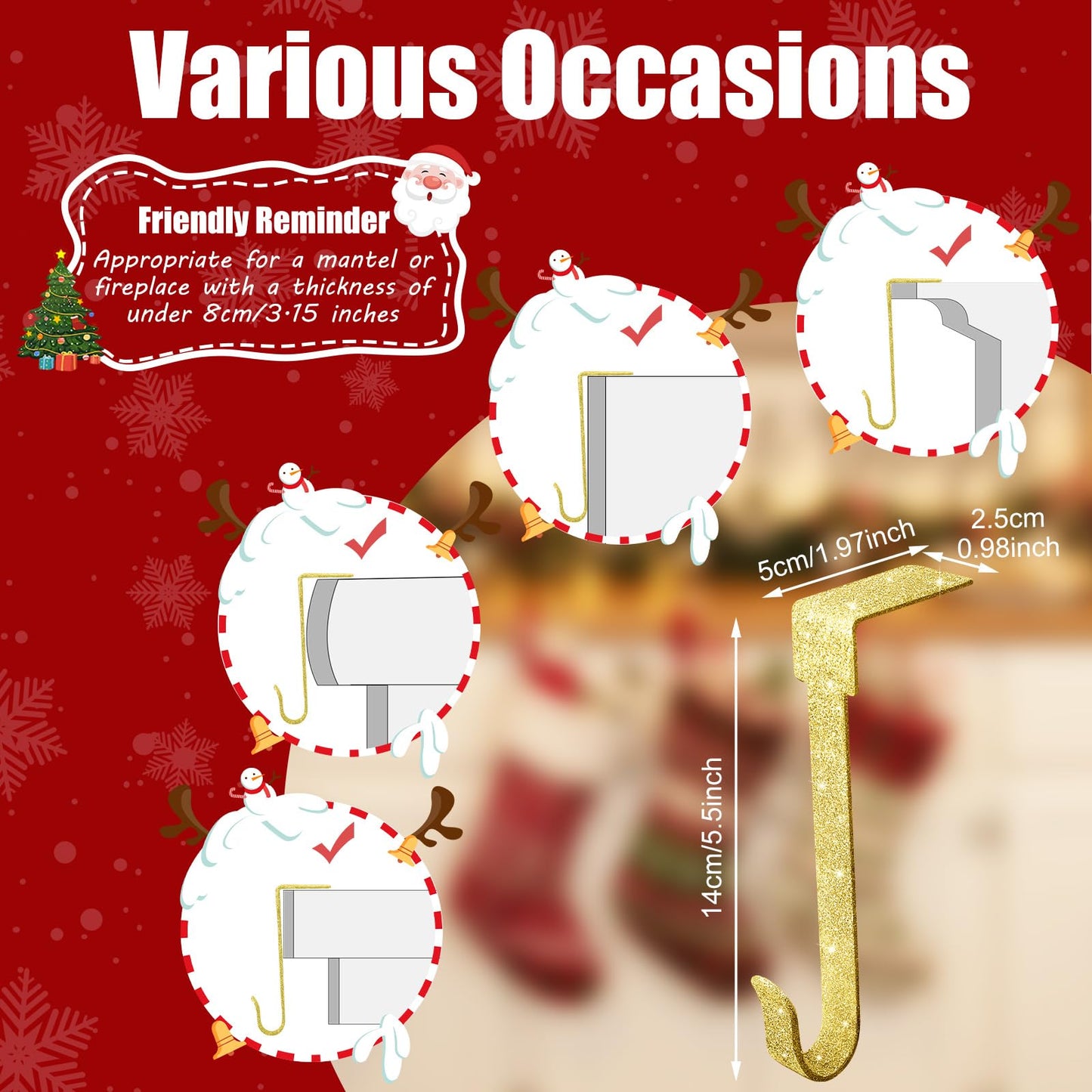 Therwen 6 Pcs Glitter Christmas Stocking Holders Shiny Fireplace Stocking Holders Set with No-Slips Strips Safety Mantel Hanger Hooks Xmas Mantle Grips for Tabletop Shelf Party Decor (Gold,Red,Green)