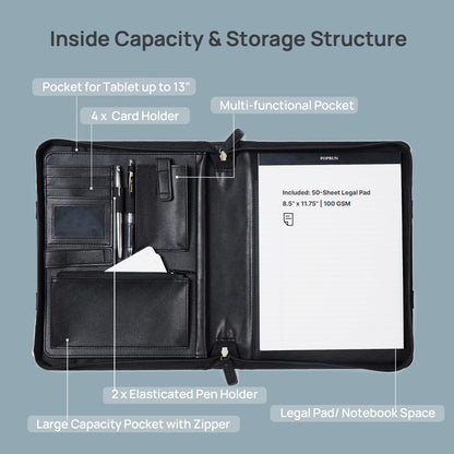POPRUN Professional Zippered Portfolio Binder - Leather Padfolio Organizer with Notepad, Tablet Sleeve & Handles for Business, Meetings, Interviews, and Daily Office Use, Black