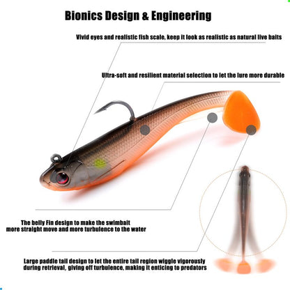 EXAURAFELIS 6Pcs Pre-Rigged Paddle Tail Swimbaits, Soft Shadtale Lures with Jig Heads, Vibrating Sinking Lures for Bass, Trout, Walleye, Pike, Muskie, Crappie, Freshwater & Saltwater Jigging Bait