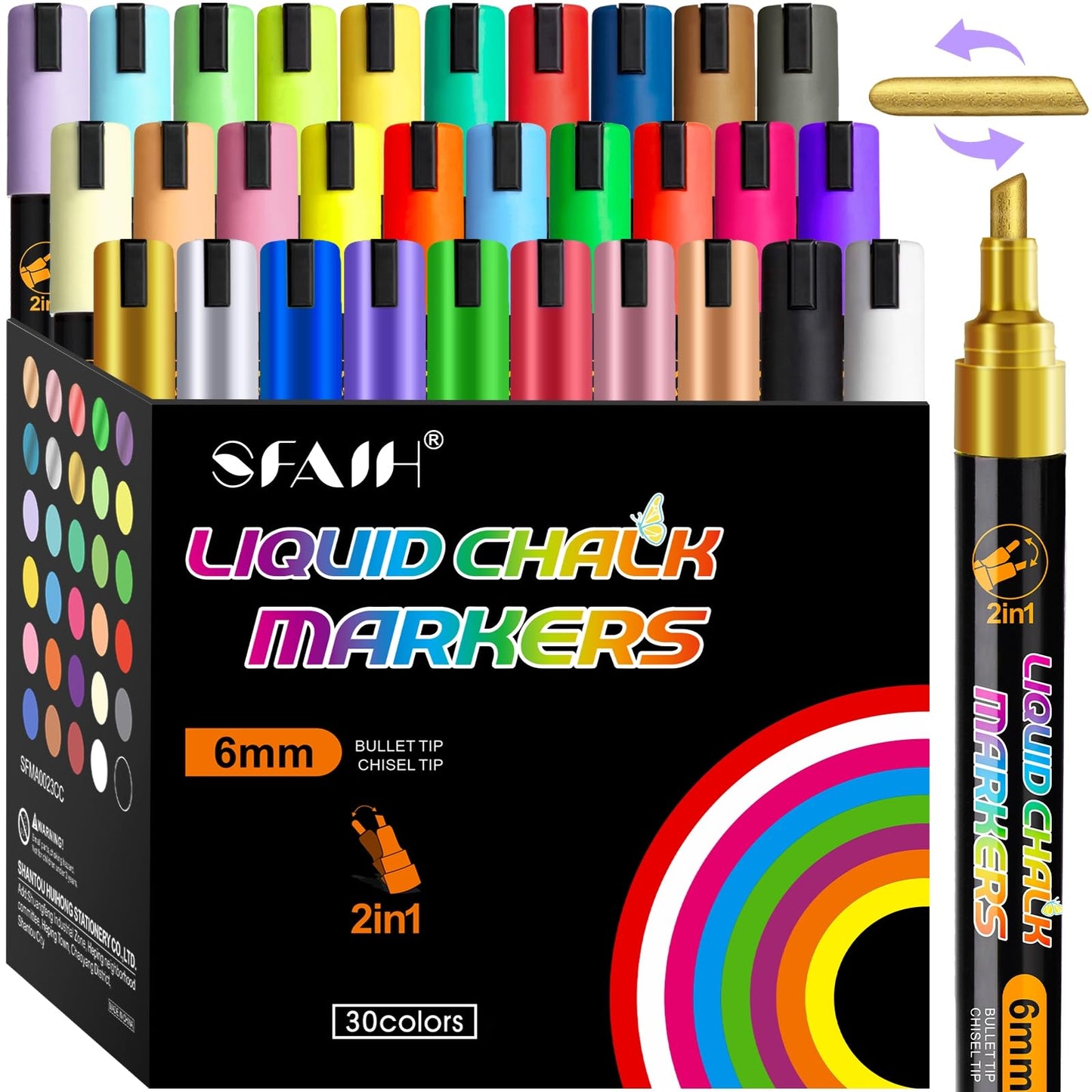 SFAIH Liquid Chalk Markers [1-Second Wet Wipe] No Residue - 6mm 30 Colors [Neon+Pastel+Metallic] Zero Dust Chalkboard Markers for Chalkboard Calendar, Glass, Window, Menus, Labels, Signs, Bistro