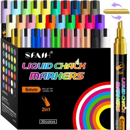 SFAIH Liquid Chalk Markers [1-Second Wet Wipe] No Residue - 6mm 30 Colors [Neon+Pastel+Metallic] Zero Dust Chalkboard Markers for Chalkboard Calendar, Glass, Window, Menus, Labels, Signs, Bistro
