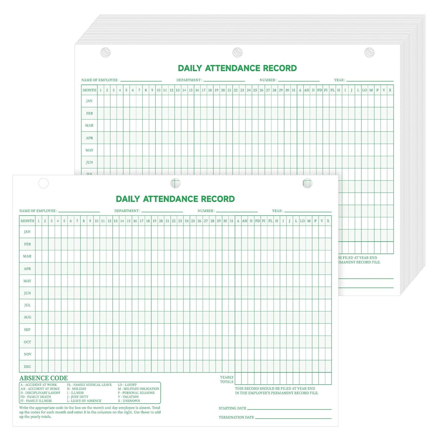 LemonSecret 100 Pcs Daily Attendance Card, Attendance Record Book Tracker 8.5 x 11 Inch, 2026 Daily Calendar Cards 3 Hole Employee Work Books Employee History Record Green Letter Size