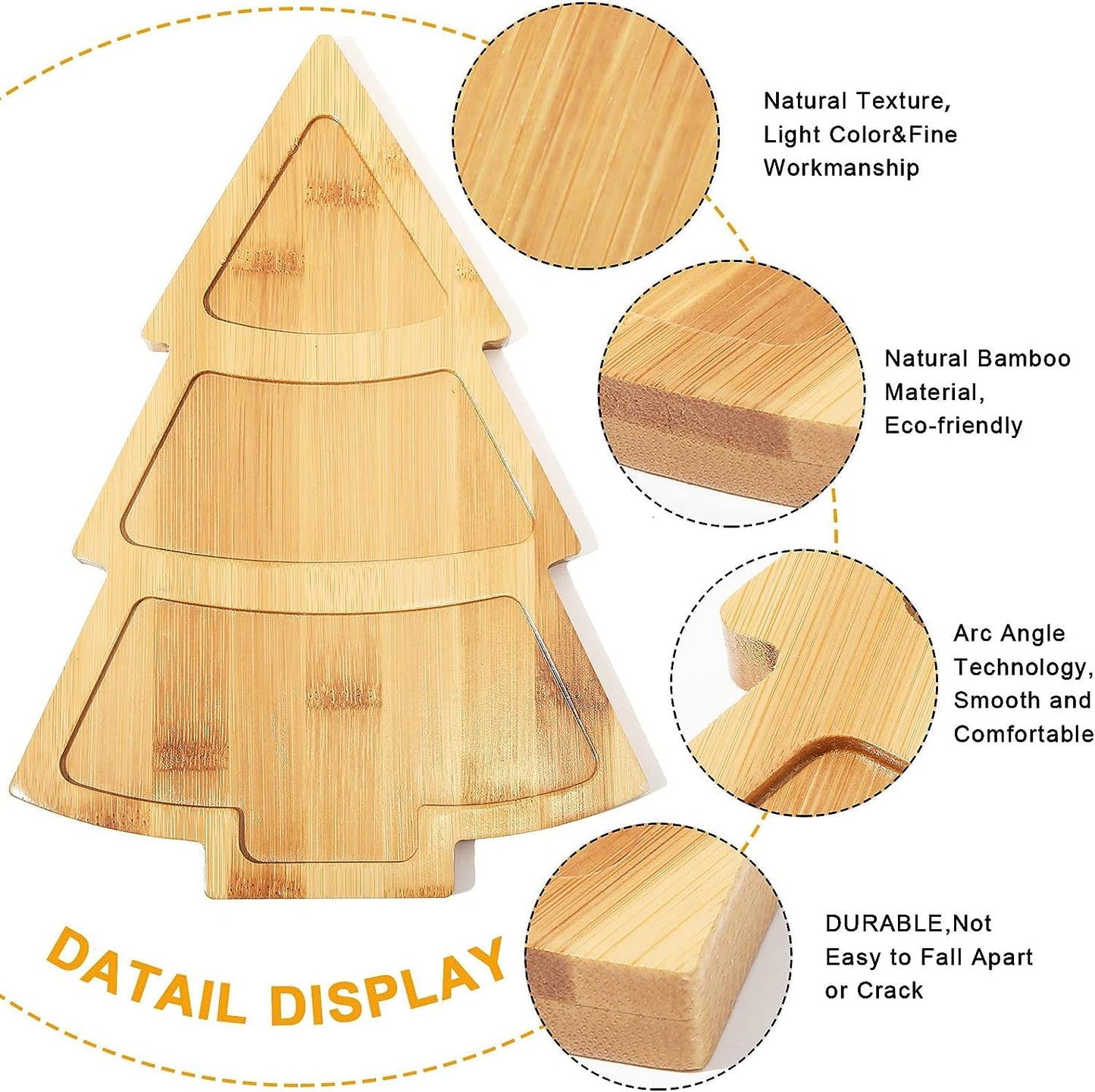 JiabaoPC 10.8 Inches Snack Appetizer Trays Set, Christmas Tree Dessert Serving Dishes, Snack Platter, 3 pcs Removable White Porcelain Plates with Bamboo Tree Tray,Thanksgiving and Christmas