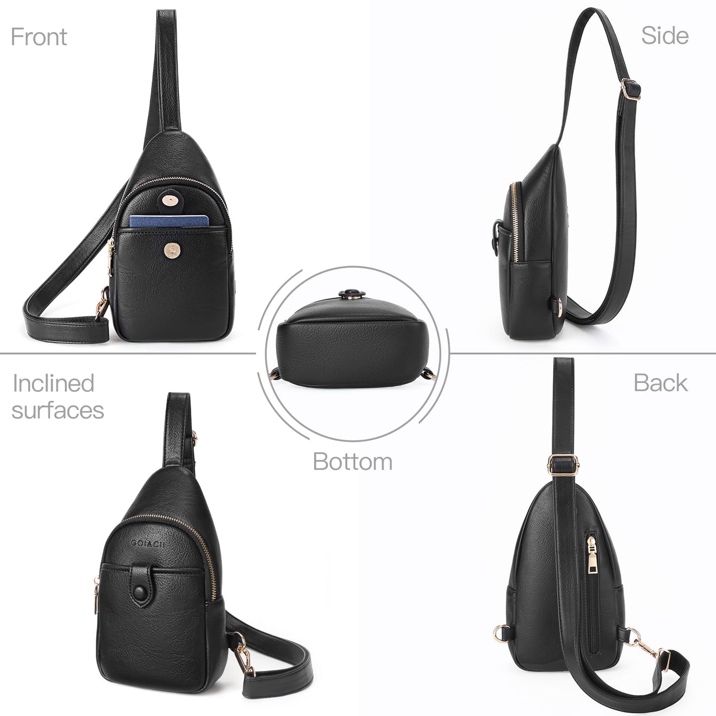 GOIACII Sling Bag for Women Men Leather Fanny Pack Chest Bags for Travel Sport Small Purse Crossbody Black
