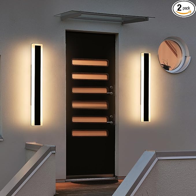 2 Pack 23.6inch Modern Outdoor Wall Light, Black Long LED Wall Sconce, 24W, IP65 Waterproof, 3000K Warm White, Exterior Wall Light Fixture for Porch, Patio, Garage, Yard, House, Garden