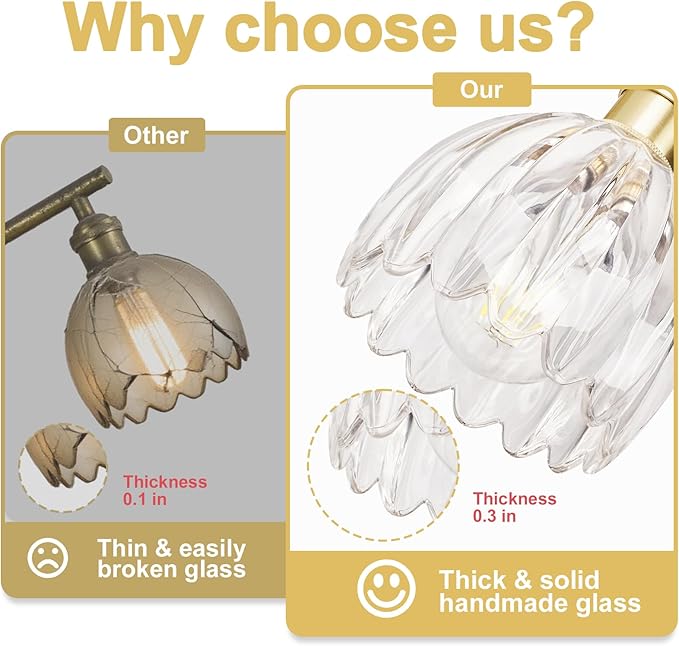 Vintage Bathroom Light Fixtures,4-Light Hardwired Vanity Lights Over Mirror,Gold Wall Sconces with Clear Tulip Glass Shade for Bathroom Living Room,E26 Socket(Bulbs Not Included)