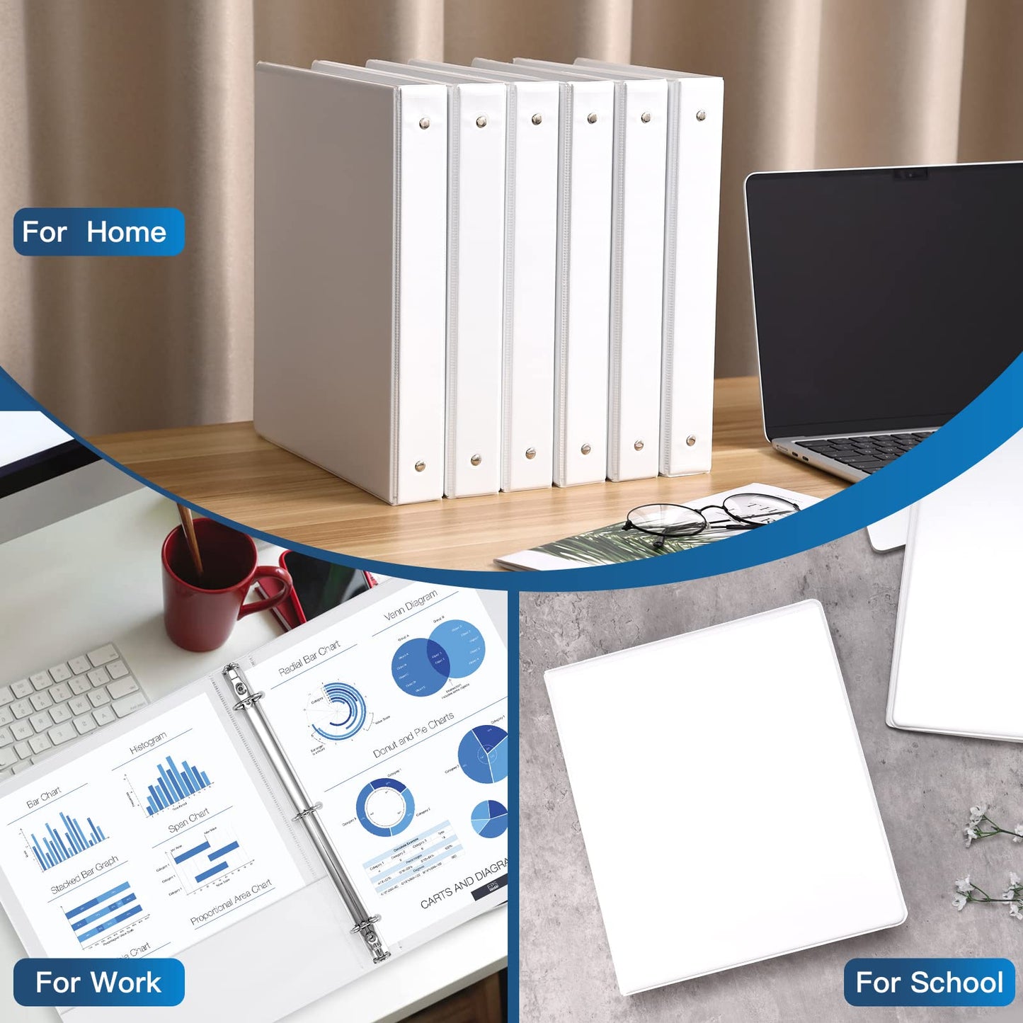 SUIN 1-inch 3 Ring Binder with 2 Interior Pockets, 1''Durable Binders Holds US Letter Size 8.5'' x 11'' Paper - Versatile Binders for Office, Home, and School Use, 6 Pack White