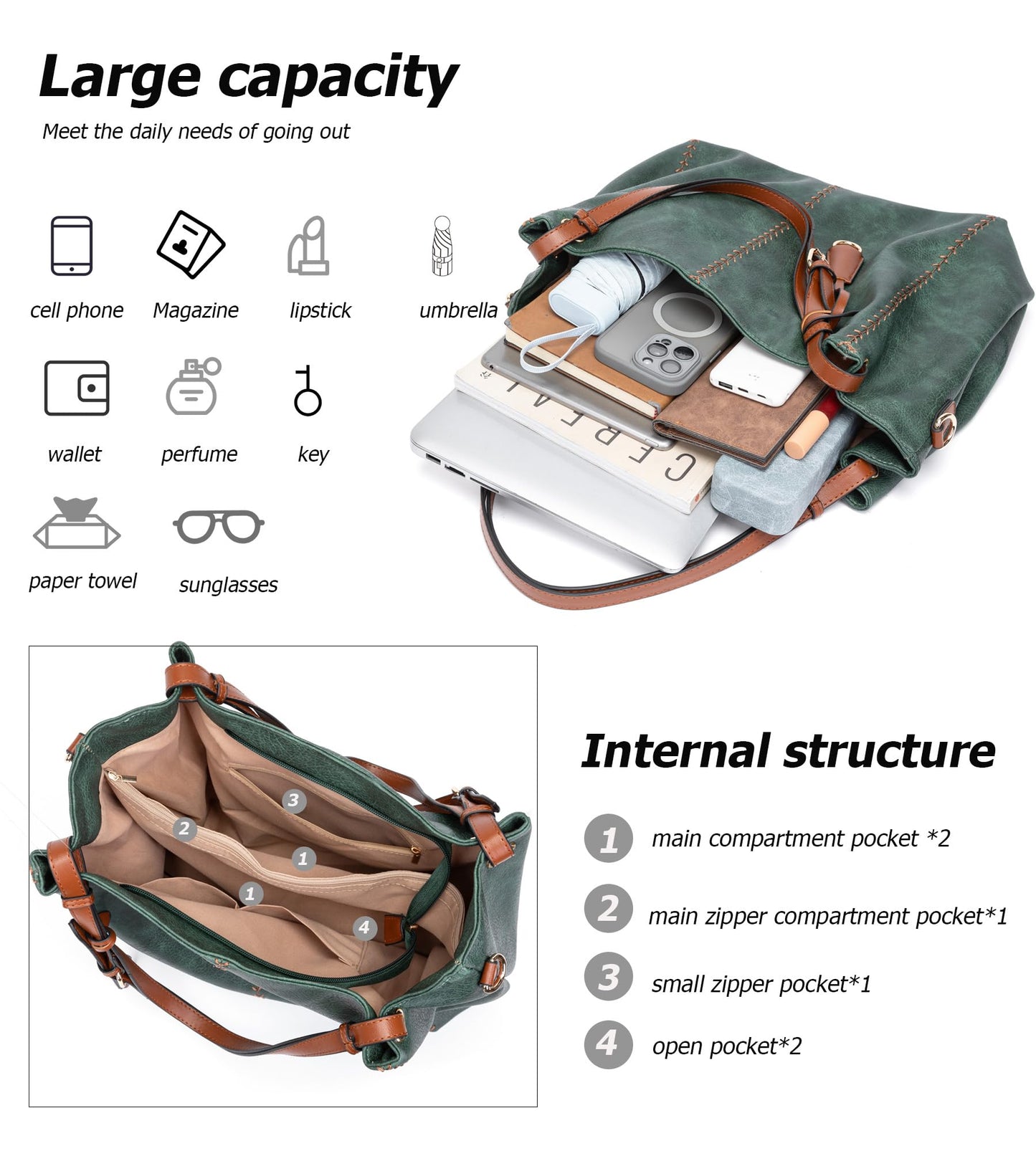 myfriday Casual Faux Leather Tote Hobo Bag for Women, Soft Shoulder Bag Crossbody Satchel Purse and Handbag (Green)