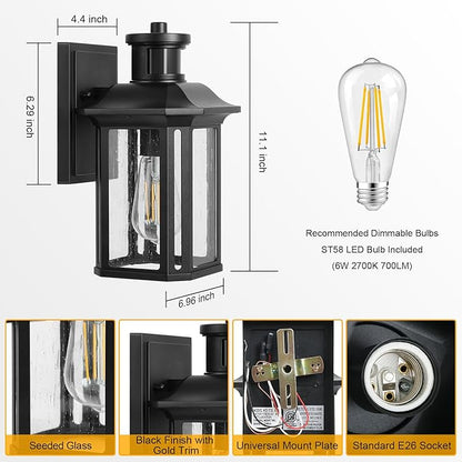 Motion Sensor Outdoor Wall Light, 3 Adjustable Lighting Modes Porch Lights, Dusk to Dawn Black Exterior Light Fixtures, Waterproof Outside Wall Lantern Sconce for House, Garage, Bulb Included