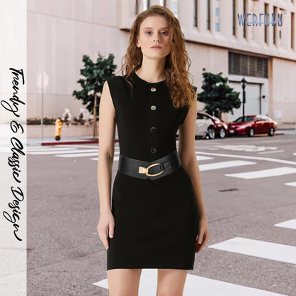 WERFORU Women Wide Elastic Belt Women Fashion Wide Belt with Gold Buckle Ladie Thick Waistbelt for Dresses