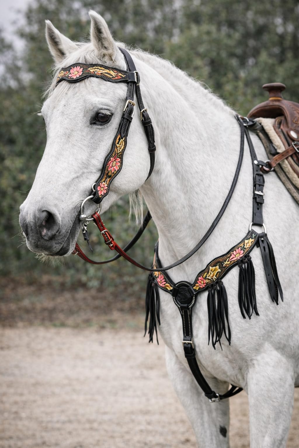 CHALLENGER Horse Horse Western Pink Lotus Hand-Painted Leather Bridle & Breast Collar Tack Set 78HR102B