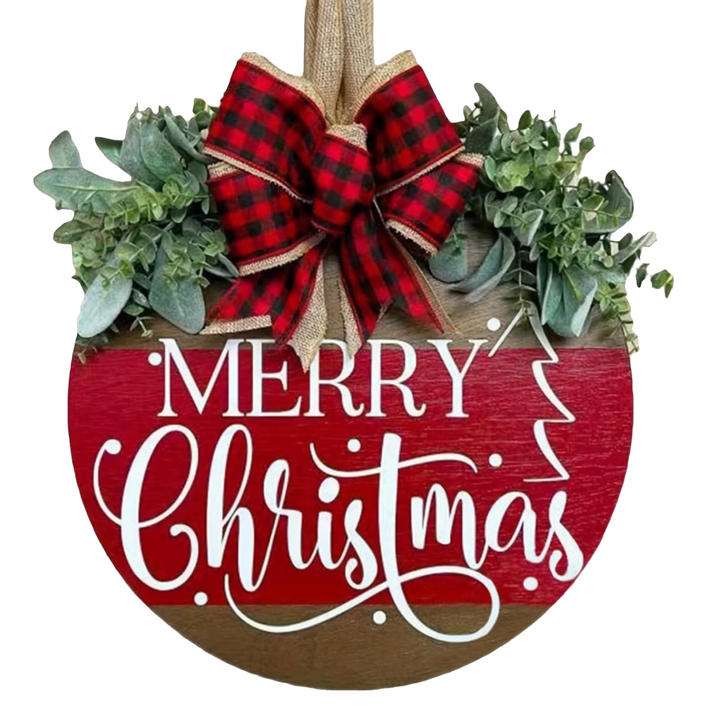 Merry Christmas Wreath Hanging Sign for Front Door, Wooden Welcome Wreaths Sign with Bow for Holiday Rustic Farmhouse Outdoor Wall Window Decor (Merry Christmas)