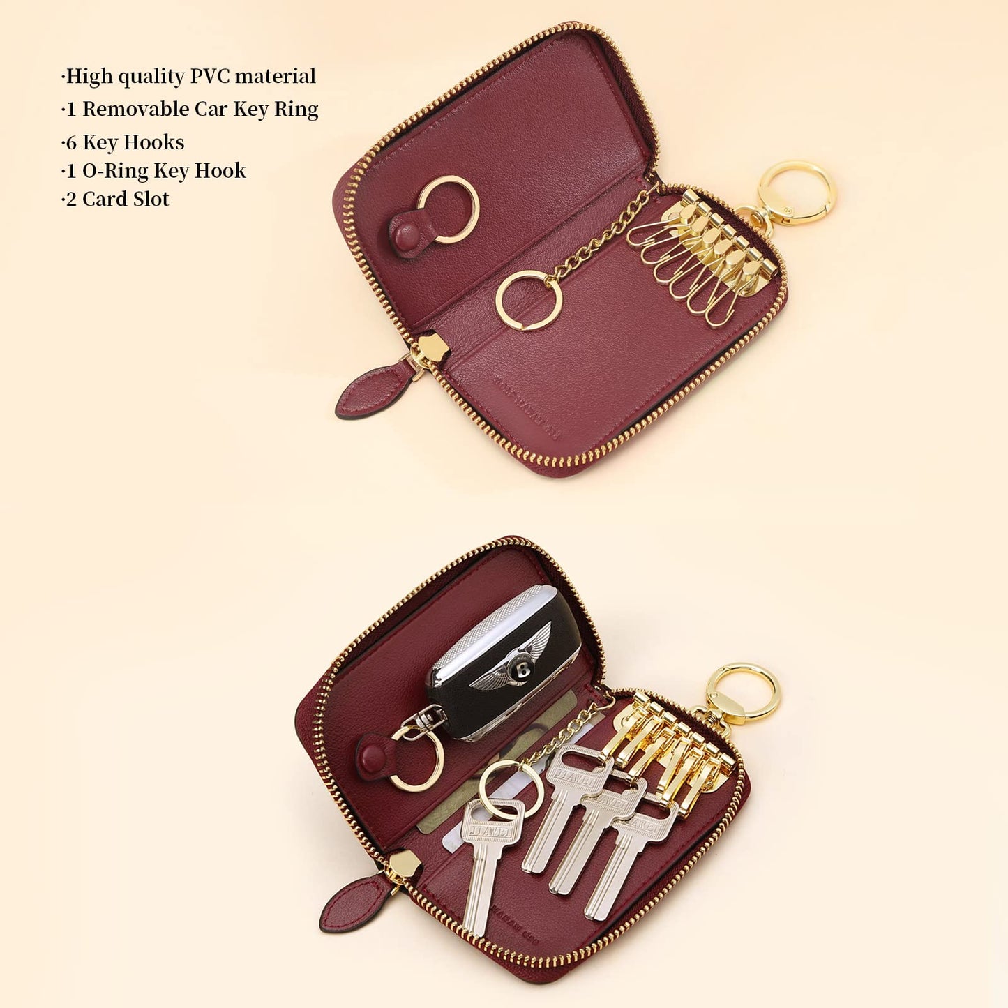 GOLF SUPAGS Women PVC Leather Car Key Chain Card Holder Wallet Pouch Card Slot 6 Hook 1 Fixed Key Ring 1 Detachable Key Ring (Brown×Wine)