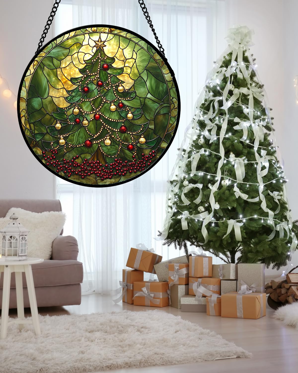 Stained Glass Window Hanging - Retro Green Christmas Tree Suncatcher for Doors Home Christmas Decoration Sun Catcher Thanksgiving New Year Birthday Gifts for Women Men Mom Nana 9.8 in