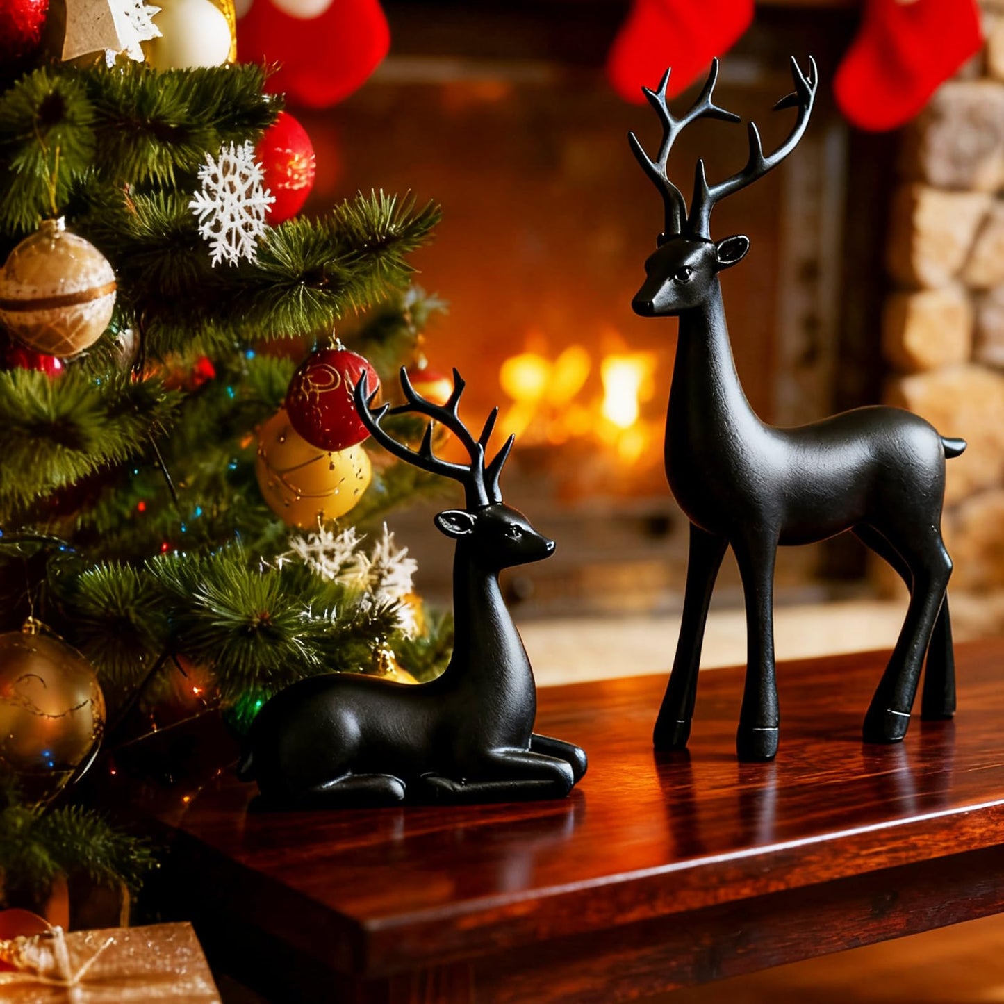 2PCS Black Christmas Reindeer Figurines, Resin Elk Sculpture Statues, Standing Sitting Reindeer Statues, Xmas Ornaments for Home Living Room Office TV Cabinet, Ideal Christmas/New Year Seasonal Gift