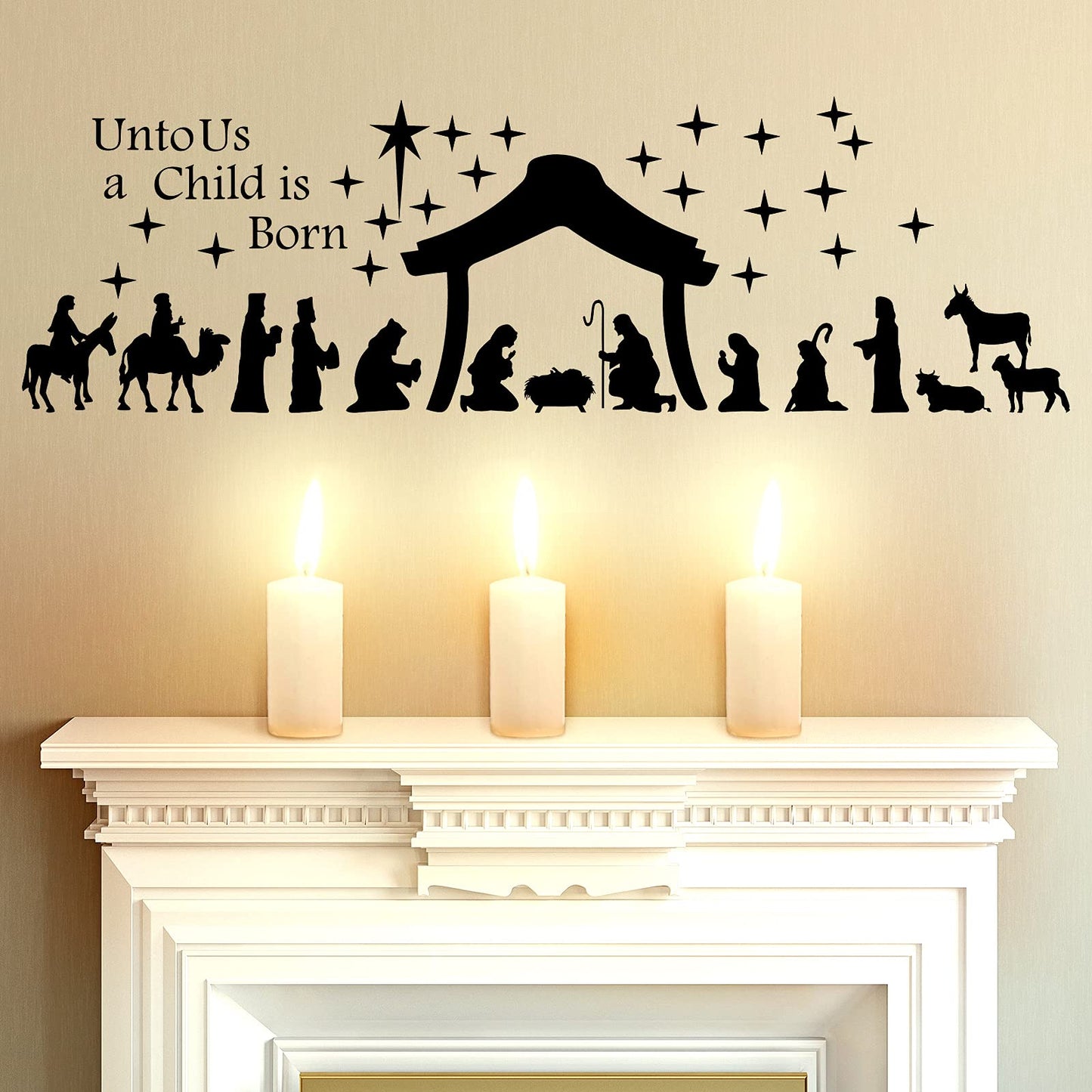 Chinco Large Christmas Nativity Scene Wall Decor Stickers Nativity Vinyl Wall Decal Christmas Decorations Religious Murals Modern for Xmas Room Decor, Black(Unto Us A Child is Born)