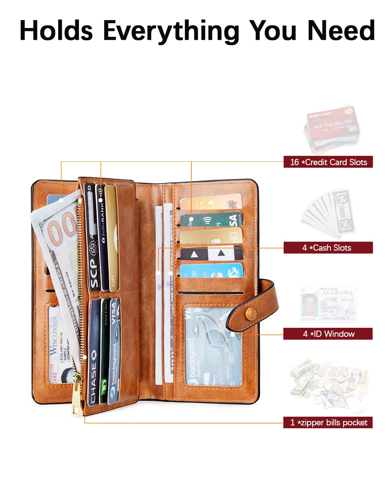 BOSTANTEN Leather Wallets RFID Blocking Large Capacity Trifold Card Holder Ladies Phone Clutch Brown