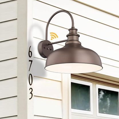 Bestshared 16 Inch Dome Large Dusk to Dawn Sensor Gooseneck Barn Light Anti-Rust Farmhouse Outdoor Wall Sconce Industrial Exterior Wall Lighting Fixture, Outside Lantern G (ORB+White, 16” Dome-1Pack)