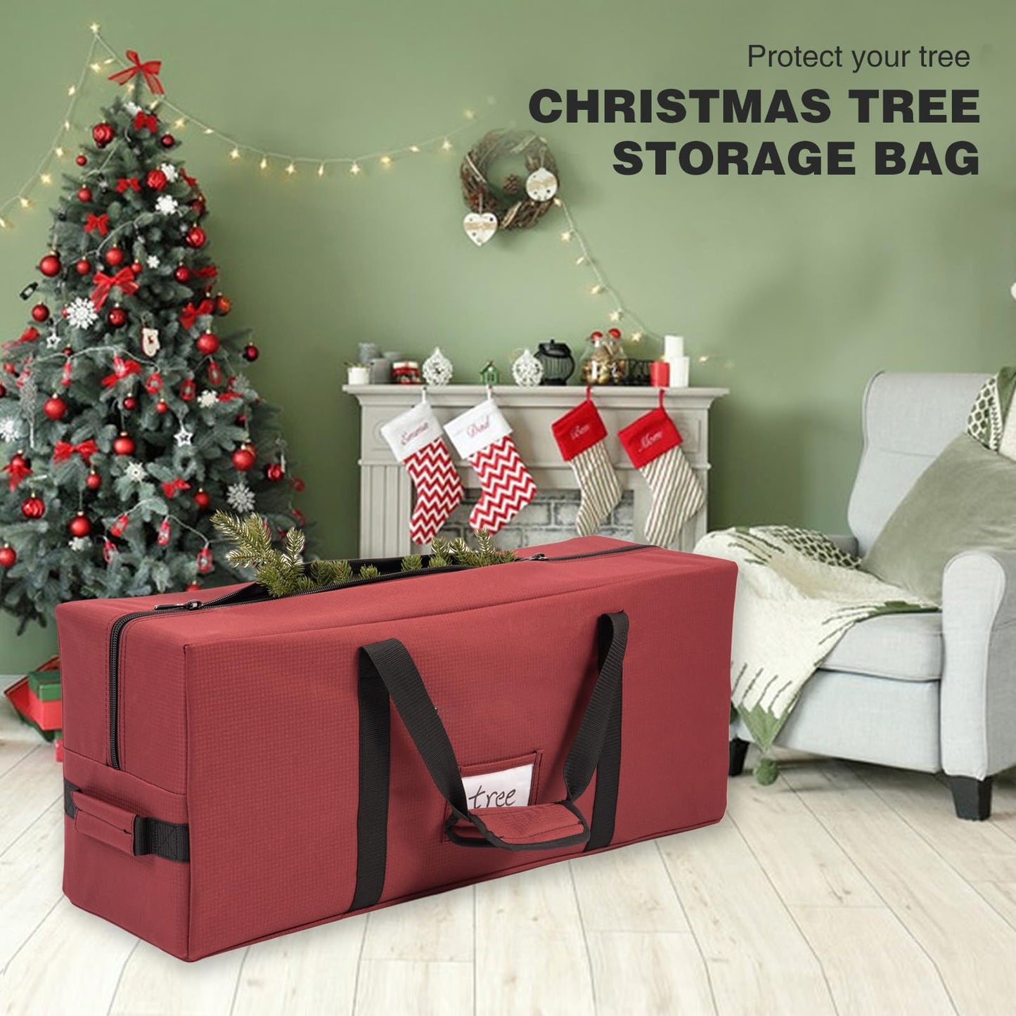 Christmas Tree Storage Bag Fits 7.5 Foot Artificial Christmas Tree Extra-Large Christmas Tree Storage Bin Comes with Built-in Buckle, Durable Handle, and Label Card Slot for 600D Christmas Tree Bag