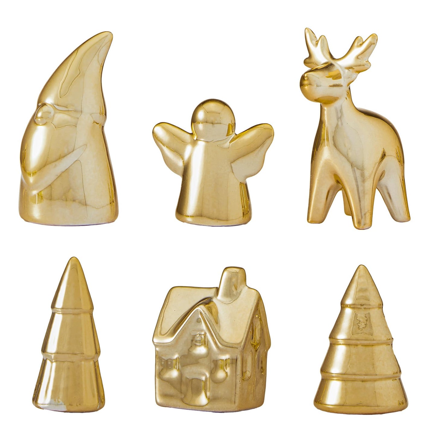WDS WONDROUS Mini Christmas Figurines Set, 6 Pcs Miniature Christmas Village Houses Set with House, Reindeer, Trees, Angel, Santa - Mini Xmas Figurines Decor for Tiered Tray, Mantel, Centerpiece