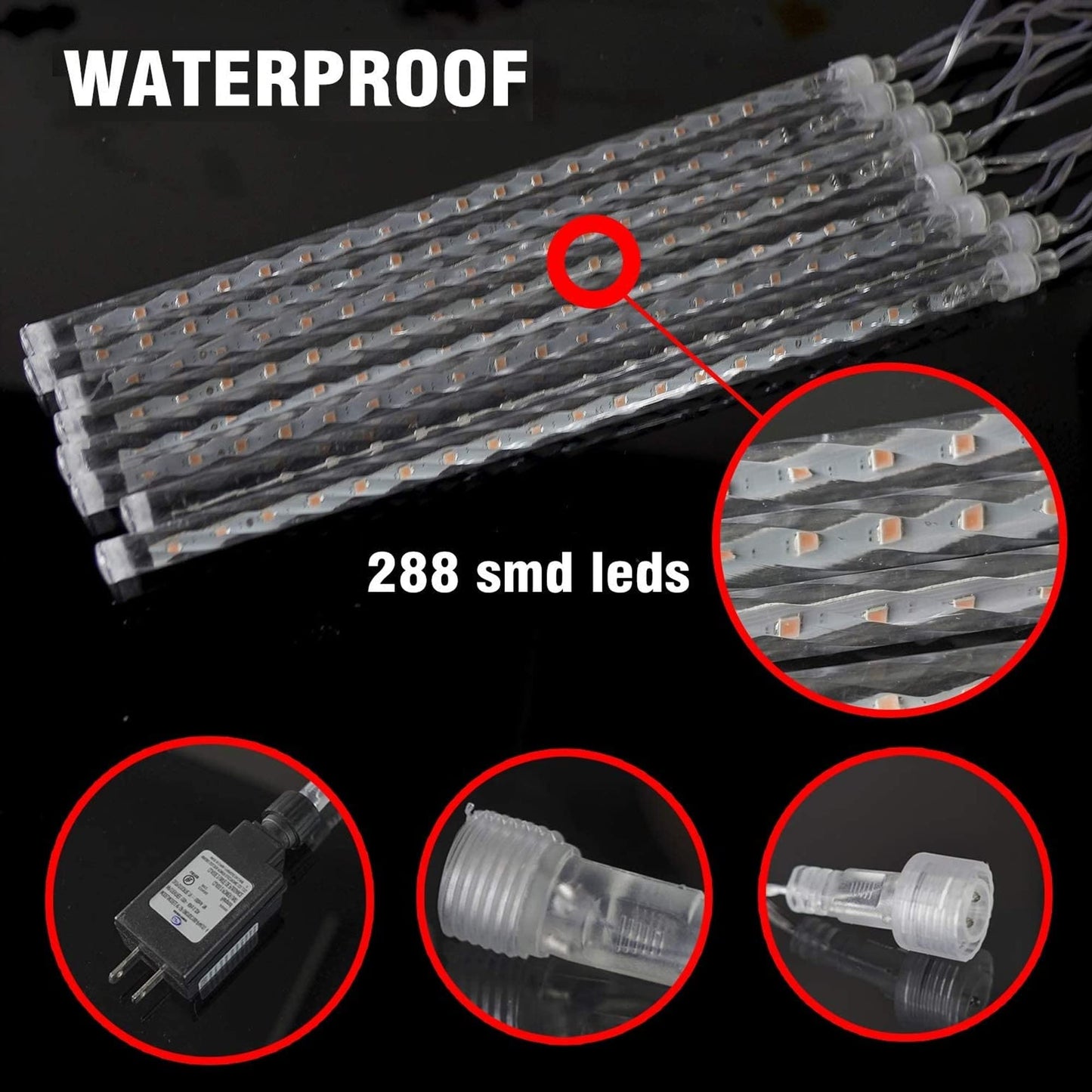 TW SHINE White Christmas Meteor Shower Lights Outdoor, 288LED 12" 8 Tubes Waterproof Christmas Lights Outdoor Plug in, Snow Falling Rain Icicle Xmas Light Decorations, White