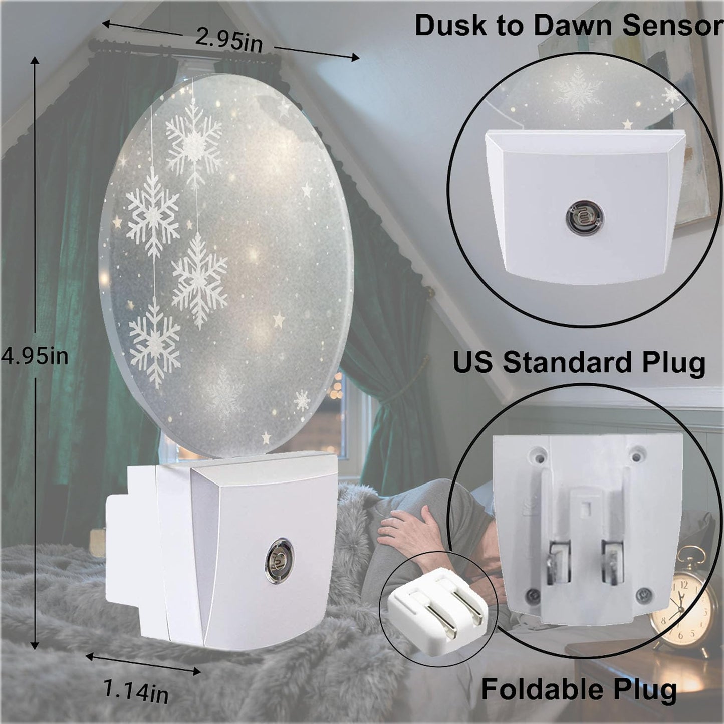 Mugod Winter Snowflake and Starry Scene Plug-in Nightlights Merry Christmas Night Light Plug into Wall with Dusk-to-Dawn Sensor LED Lighting 0.5W Sleep-Friendly